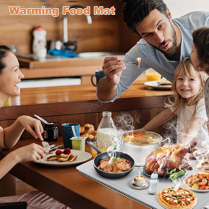 Food Warming Mat for countertop with heat insulation pad,6 Adjustable Temp & Timer Modes,Fast Even Heating, Auto Shut-Off, Portable Electric Heating Warming Tray for Parties Buffets Family Gatherings