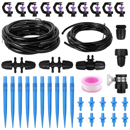 Drip Irrigation System Kit - Automatic Garden Watering System with G Type 360° Rotating Micro Sprinkler Heads & 16FT 8/11mm & 10FT 4/6mm Irrigation Tubing for Garden, Lawn, Greenhouse, Yard, Plant