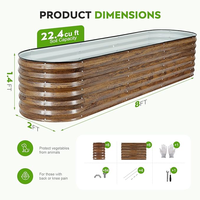 ZORMY Galvanized Raised Garden Bed Outdoor- 2PCS 8x2x1.4ft Oval Steel Raised Beds for Gardening, Metal Planter Box with Protective Strip and Gloves for Vegetables, Flowers, Fruits(Brown)
