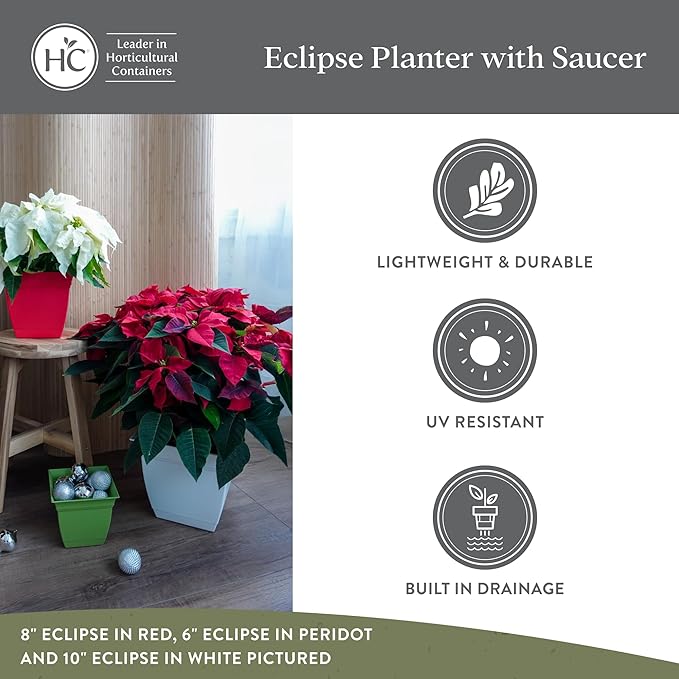 The HC Companies Eclipse Square Plastic Planter w/Attached Saucer - Outdoor & Indoor Plant Pot with Drainage Holes - Lightweight, UV-Resistant Plastic Pots for Plants (8" Teal, Pack of 1)