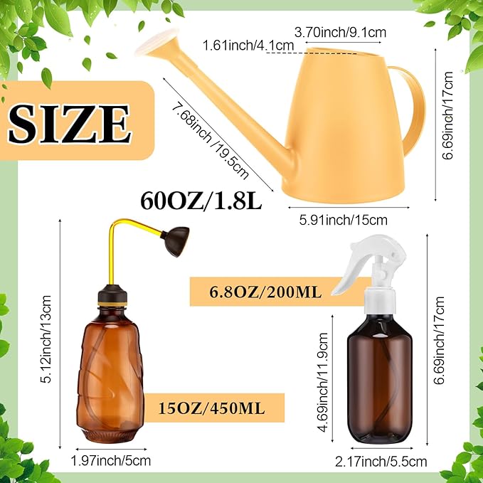 Reallnaive 6 Pcs Indoor Watering Can Set 1/2 Gallon Can 6.8 oz Spray Bottle 17 oz Squeeze Bottle Plant Watering Globes Soil Moisture Meter Small Spraying Sets for Indoor Outdoor(Yellow)