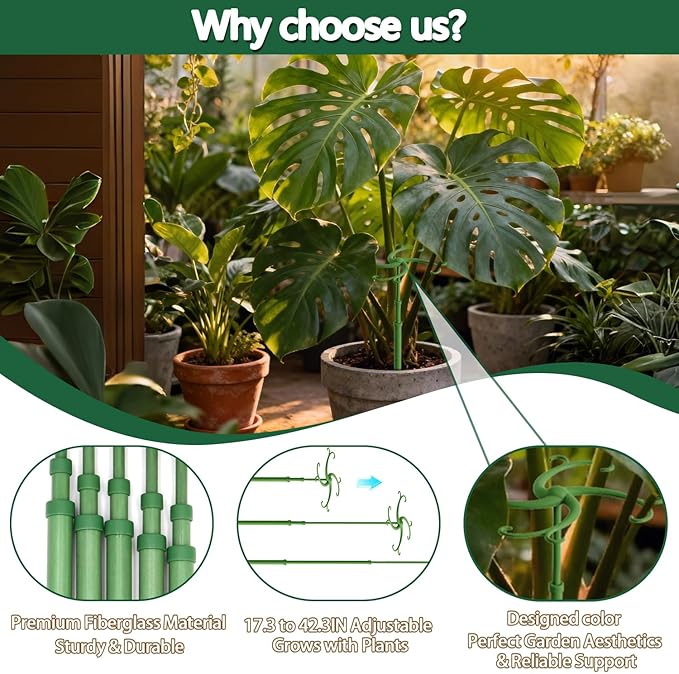 Telescoping Plant Support Stakes,5Pack 17.3 to 42.3IN Adjustable Monstera Plant Support,Garden Stakes with Clips,Sturdy Plant Sticks for Indoor Outdoor Plants, Orchid, Tomato, Vine,Monstera