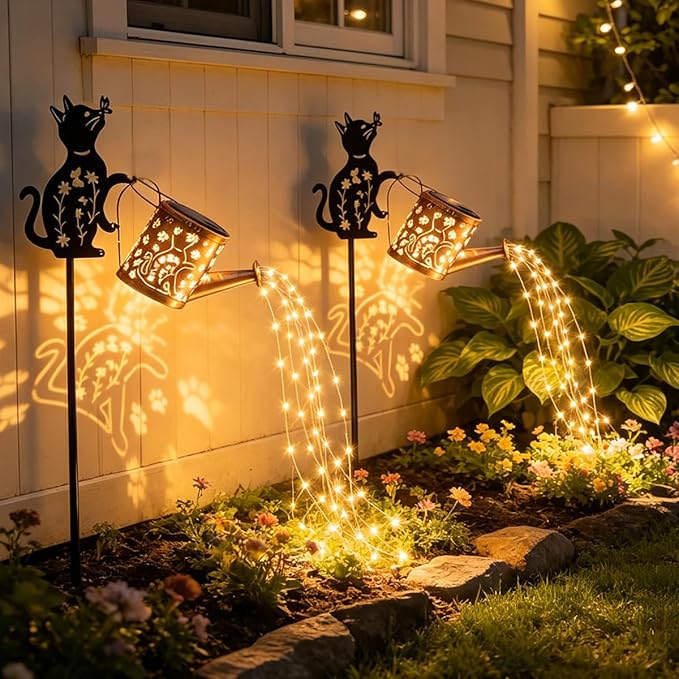 Outdoor Solar Cat Garden Decorative, 2 Pcs Solar Watering Can with Light, Featuring Metal Cat Silhouette Stake, Day Gift for Women, Waterproof, for Landscape, Lawn, Garden Path Decor