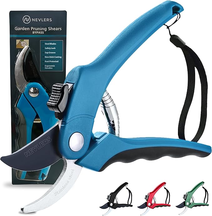 Nevlers 8" Blue Bypass Pruning Shears Heavy Duty | Ergonomic Plant Shears & Floral Scissors w/Steel Blades & Safe Lock | 8mm Cut Garden Clippers Handheld Pruning Scissors for Flower Stems & Branches