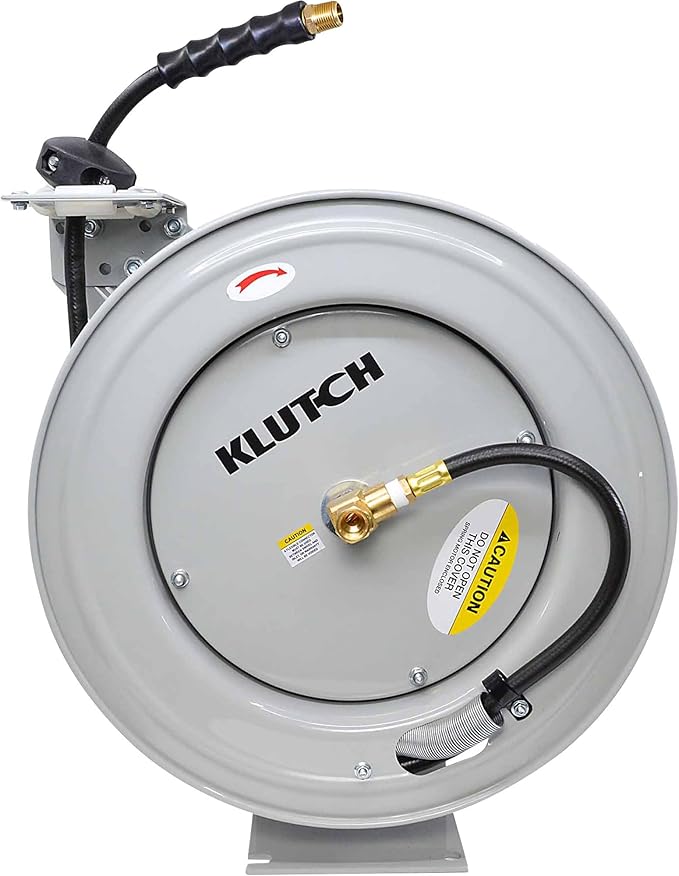 Klutch Auto Rewind Air Hose Reel - with 3/8in. x 50ft. Rubber Hose, 300 PSI