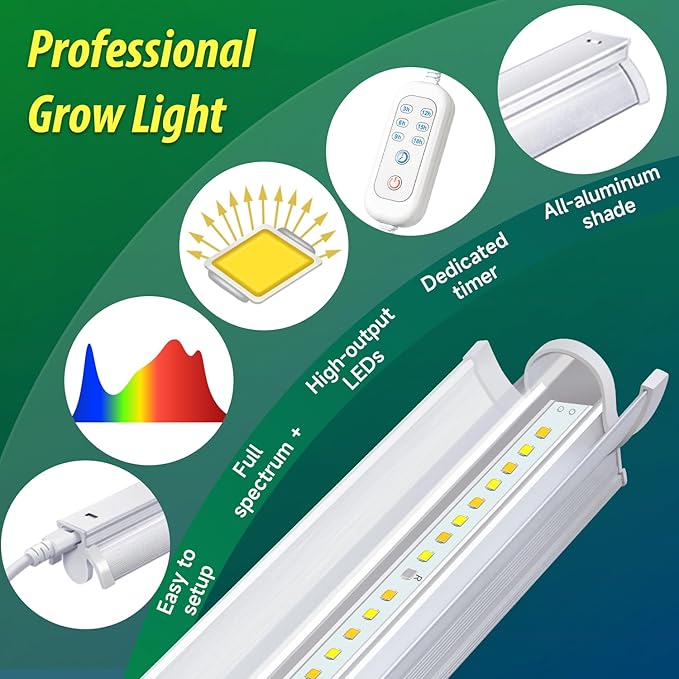 T5 Grow Lights for Indoor Plants with Timer, 16 Inch LED Light Bar 10W×2, Full Spectrum Plant Light for Indoor Growing, for Shelf/Rack