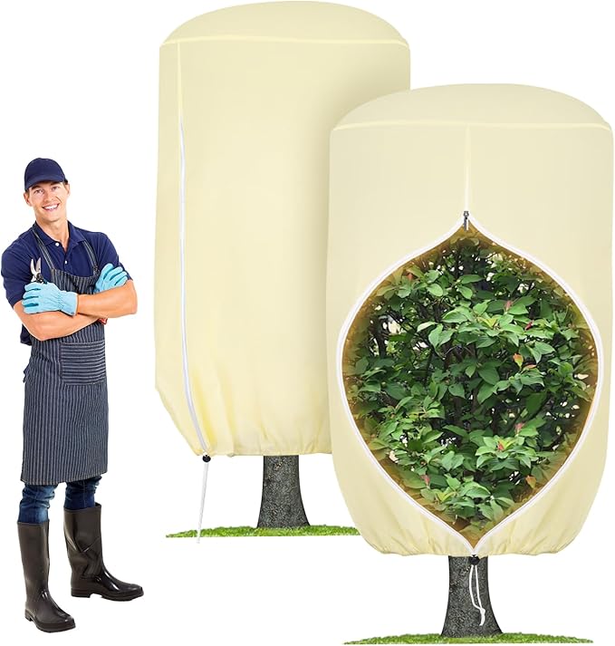 2 Pack Rounded Top Plant Covers Freeze Protection for Winter, Plant Covers for Winter, 47" X 72" Tree Frost Protection Blankets Outdoor With Zipper/Drawstring, for Shrub Bush Fruit Tree Potte(Beige)