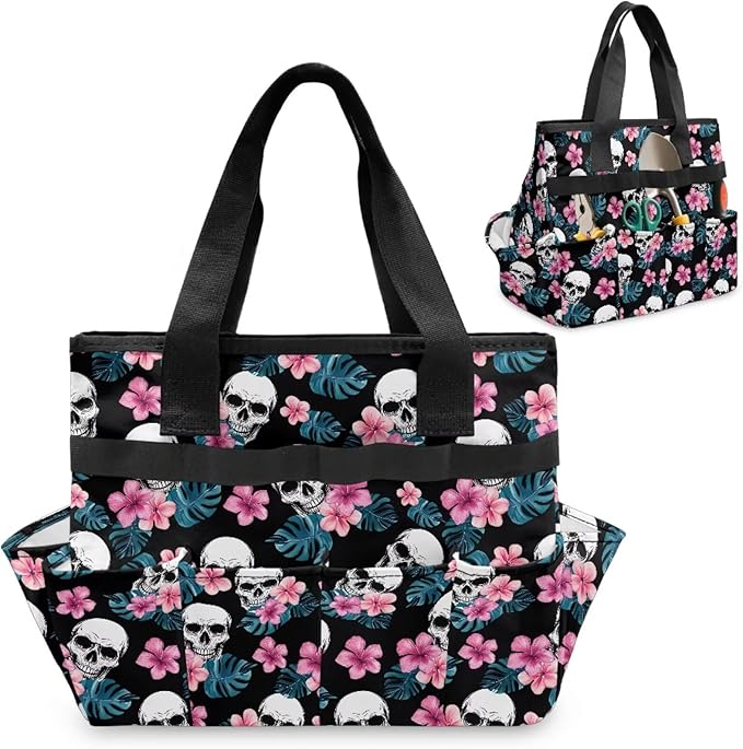 Skull Tropical Floral Garden Tool Bag Portable Gardening Tool Organizer Bag with 10 Pockets and Handle Tool Carrier and Storage for Garden Lawn Yard Casual Camp
