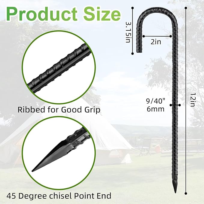 Black Rebar Stakes 12 inch (12pcs) - Heavy Duty 6mm Metal J Hook Ground Stakes,Galvanized Steel for Tent,Bounce House,Fence,Dog Coop,Artificial Turf,Outdoor Plants,Christmas & Holiday Decorations