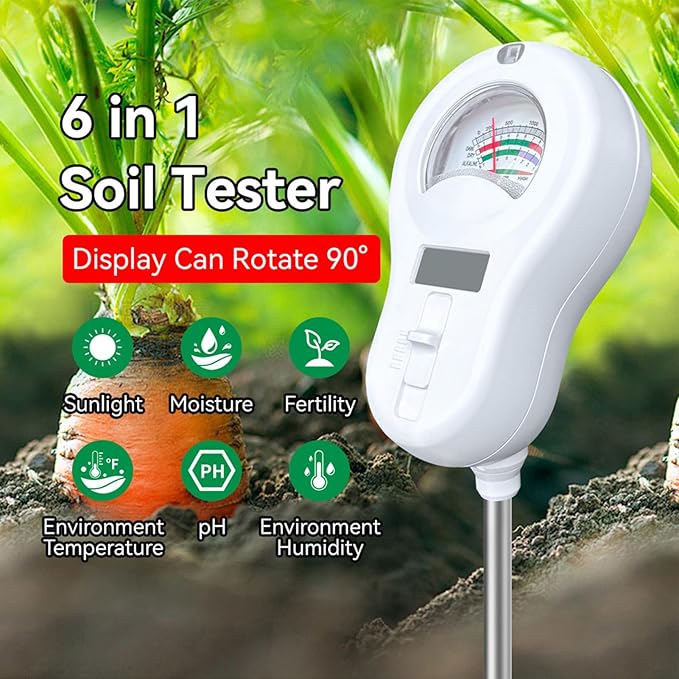 6 in 1 Soil Tester Soil Meter Soil Water Detector for pH Sunlight Fertility Temperature Humidity with 3 Replaceable Probes for Garden Farm Home Plant Care