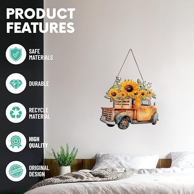 Quterhero Sunflower Truck Wall Decor, Metal Hanging Art for Home Porch or Indoor Outdoor Wall, Vintage Farmhouse Gift for Mom, Women, Friends(Yellow Truck)