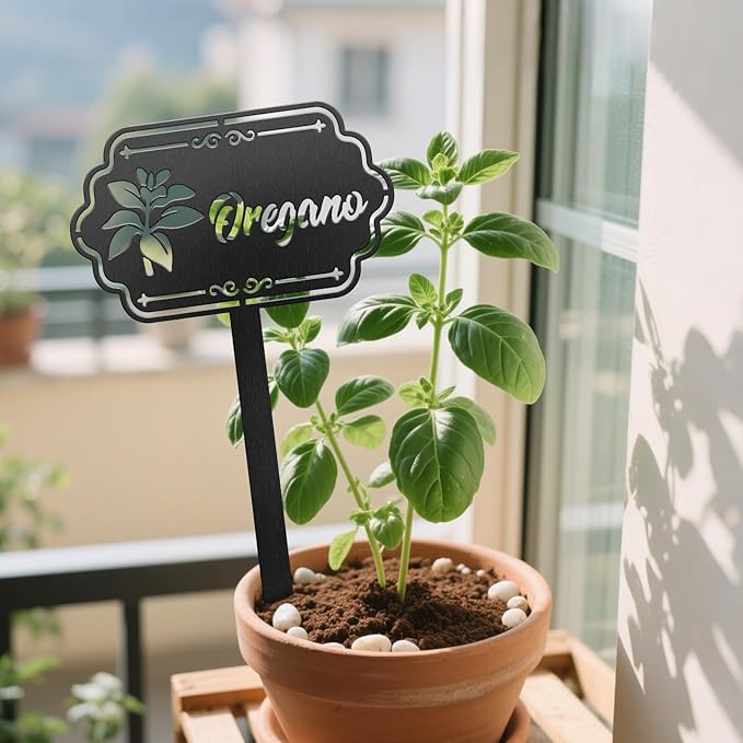 CUTHOLLOW Metal Plant Marker Stake Oregano for Outdoor Indoor, Waterproof 11.8 inch Cute Garden Plant Labels Sign Tag for Herb, Farmhouse Greenhouse Decor - Funny Gardening Gifts
