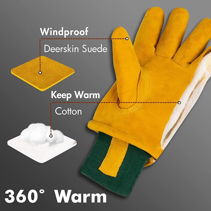 Kids Waterproof Winter Work Gloves, Soft Deerskin Suede Insulated Warm Windproof Genuine Leather Toddler Work Gloves Age 5-14 (Large (8-12 Years Old), Yellow)