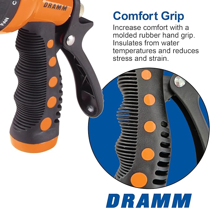 Dramm Revolver Heavy Duty Metal Garden Hose Nozzle – 9 Spray Patterns, High Pressure Jet, Thumb-Control Flow, Ergonomic Grip – Green