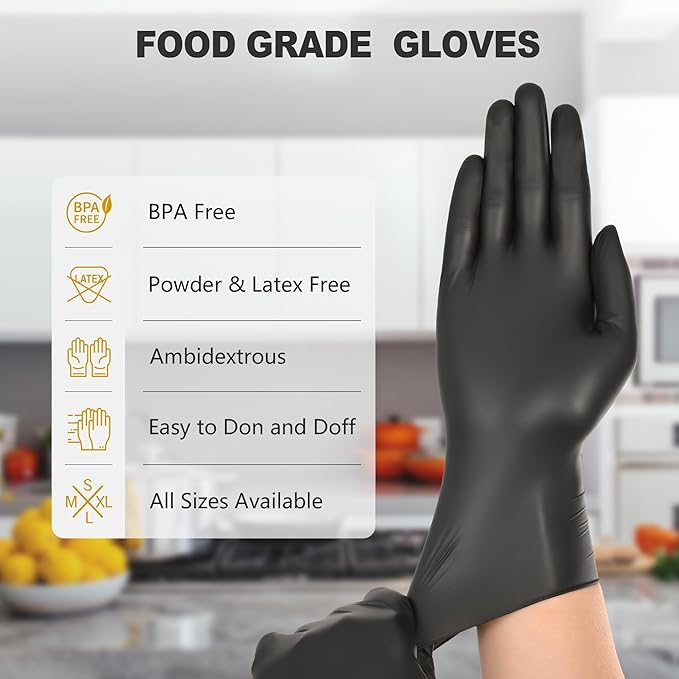SWIFTLITE Black Vinyl Gloves, Food Grade Gloves Disposable Latex Free & Powder Free, Guantes for Cleaning Cooking Food Prep