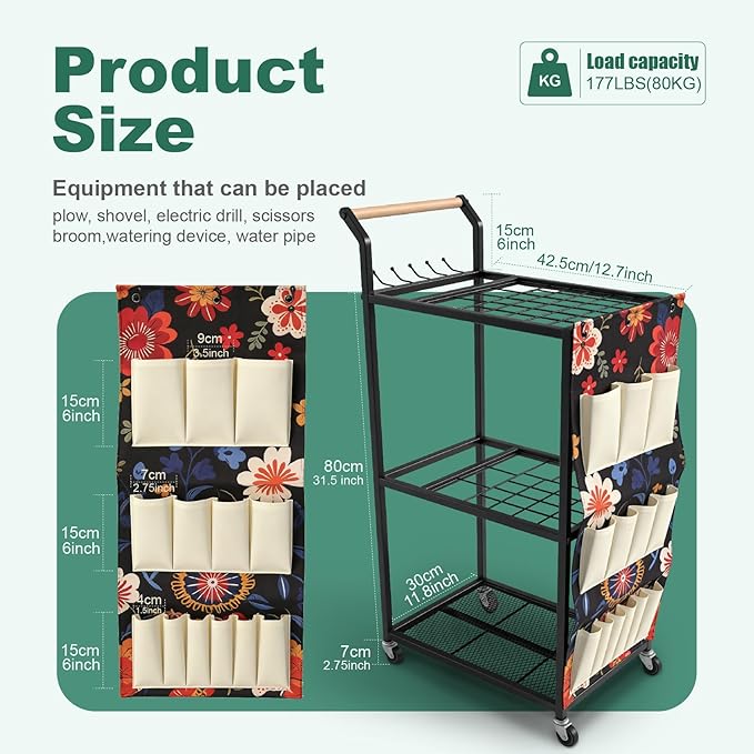 Garden Tool Organizer with Wheels & Storage Bag, 40 Inch Rolling Mobile Cart, 6-Hook Metal Storage Rack with Mesh Panel for Garage Shed Patio Organization, Black