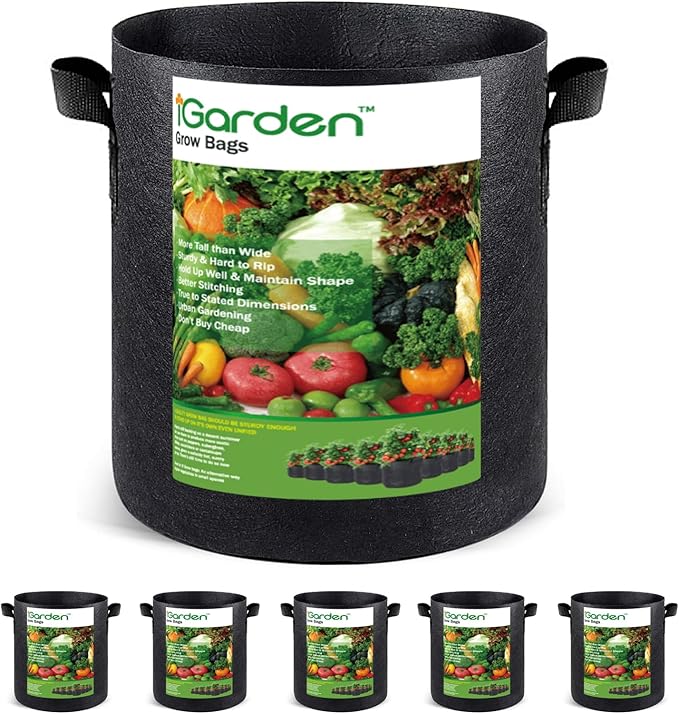 iGarden Grow Bags Tall,20 Gallon Grow Pots 5 Pack with Handles, Heavy Duty 320G Thickened Nonwoven Fabric Plant Bag for Vegetables, Black