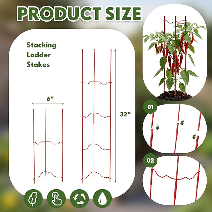 6 Pack Tomato Cage for Garden, 6" W x 6" D x 32" H Pepper and Eggplant Garden Stakes Metal Plant Support Sturdy V-Shape Trellis for Climbing Plants Vegetables Flowers Fruits