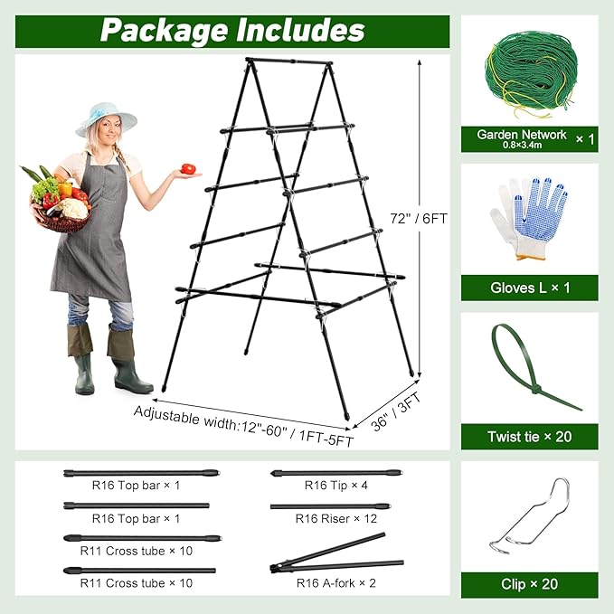 6ft Cucumber Trellis for Raised Bed, Garden Trellis for Climbing Plants Outdoor, A Frame Metal Trellis Support with Net for Vegetables Tomato Zucchini Squash Beans Peas Melons, Rose Flowers,Vines