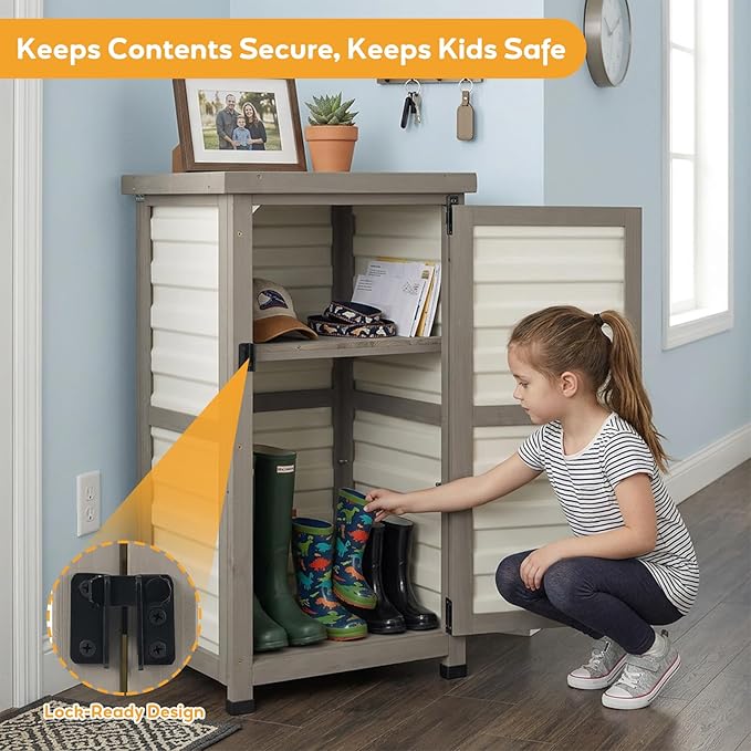 PetsCosset Small Outdoor Storage Cabinet, Wood & Plastic Potting Bench Table Tool Organizer for Patio Backyard Garden, Metal Top, Adjustable Shelf, Corner Storage for Narrow Spaces