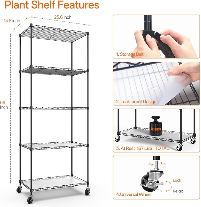 Bstrip Plant Stand with Grow Light, 5-Tier Plant Shelf with 4 Pack T8 Full Spectrum Grow Light for Indoor Plant Seed Starting, Winter to Spring Transition, Seed Tray, Timer & Wheels, 23.5"x13.8"x 59"