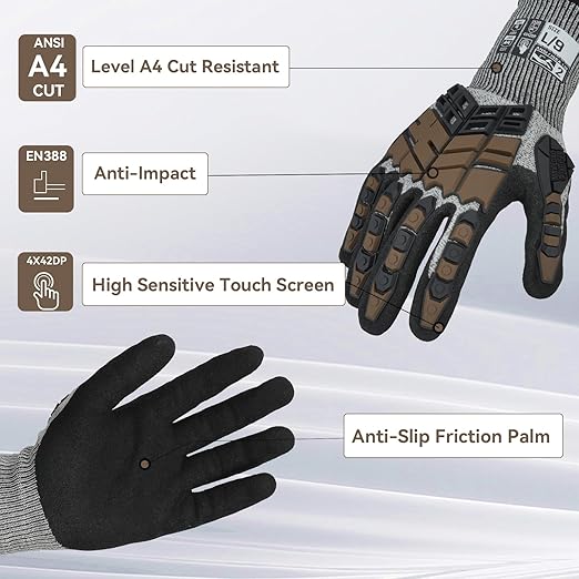 Safety Work Gloves, Impact Gloves for Men Women, Cut Resistant Non-Slip Heavy Duty Gloves with Nitrile Grip, Touch Screen Glove with Impact Protection for Mechanic Construction, Large, Brown
