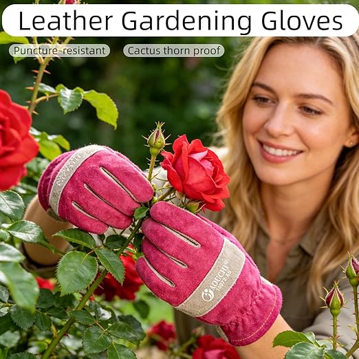 Leather Work Gloves for Women with Cotton Lining, Thorn Proof Gardening Gloves for TIG/MIG Welding, Construction (Rose Red, X-Small)