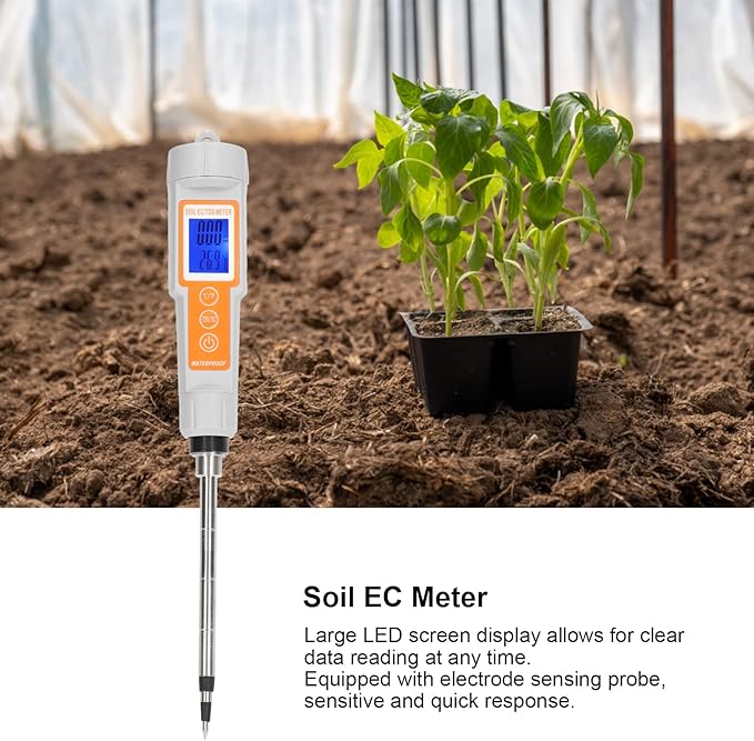 Soil EC/TDS Meter with Temperature Sensor, 3 in 1 Digital Soil Tester, 0-10000us / cm Range, ABS Probe Protective Cases