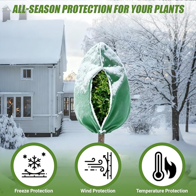 5Pcs Plant Frost Protection Covers 23.6x31.5 Inches – Reusable Breathable Freeze Blankets with Drawstring, Waterproof Non-Woven Fabric Frost Cloth for Winter Plant, Shrub, Tree, and Garden Protection