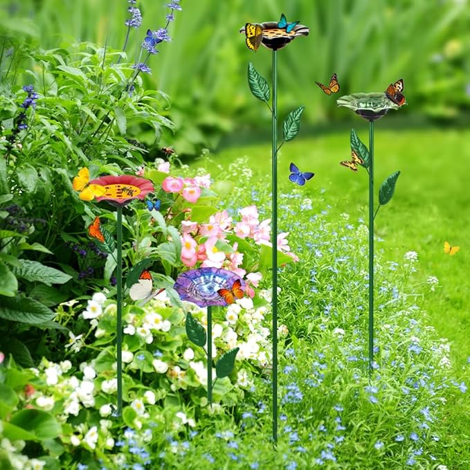 dreamysoul 4 Pack Bee Watering Station, Bee Waterer for Honey Bee & Butterfly, Metal Bee Bath with Flower Design for Garden Yard
