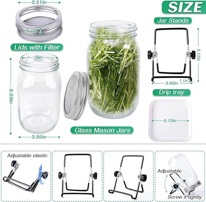 Kikerike Seed Sprouting Jar Kit with 4 Wide Mouth Mason Jars Bean Sprouts Growing Kit Microgreens Growing Jar with Mesh Screen Lids Sprouter Sprouts Maker for Growing Broccoli, Alfalfa, Mung Bean