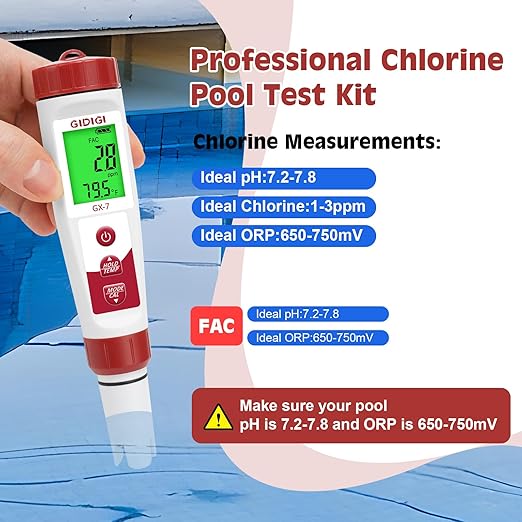pH Meter Chlorine Tester Digital 7 in 1 Pool Water Tester Kit Salinity Tester for Saltwater Aquarium ORP Meter for Hydroponics Drinking Water Pool Water Tester pH and Chlorine for Pool Spa