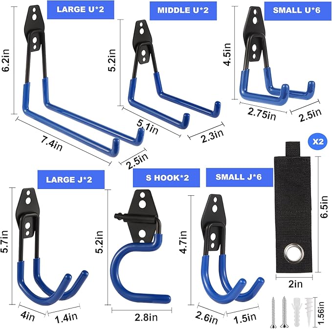 Garage Hook Heavy Duty Wall Storage Hangers, 22 Pack Garage Storage Hooks Steel Tool Blue for Ladders, Ropes, Garden Tools