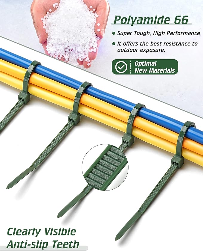 PA66 Green Zip Ties, 400pcs 12+10+8+4 Inch Heavy Duty Cable Zip Ties, Premium Self-locking Nylon Cable Plastic Ties Decoration Tie Wraps for Christmas Tree Holiday Lights Gardening Plants Grid Wall