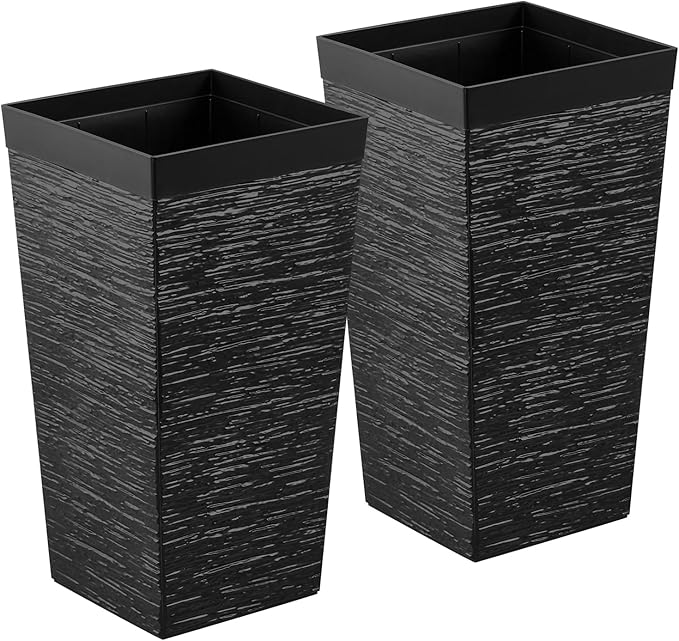 VEVOR Set of 2 Tall Planters for Outdoor Plants 23inch, Black Tall Planter for Indoor Plants, Modern Planters for Front Porch Patio Balcony, Plant Container Flower Pots with Built-in Drainage