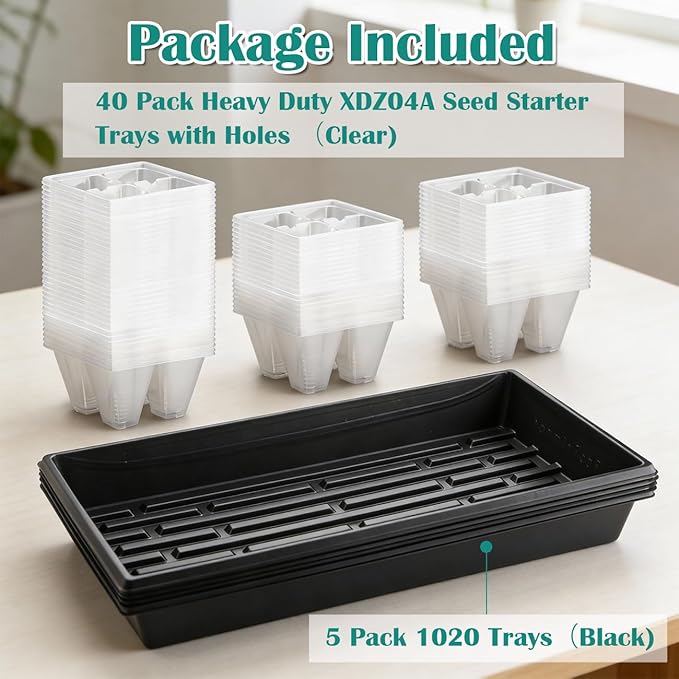 5 Pack Heavy Duty 1020 Trays and 40 Pack Clear 4 Cell Seed Starter Trays with Drainage Holes - Reusable Seed Starter Kit for Seed Germination & Plant Propagation (5 Sets)