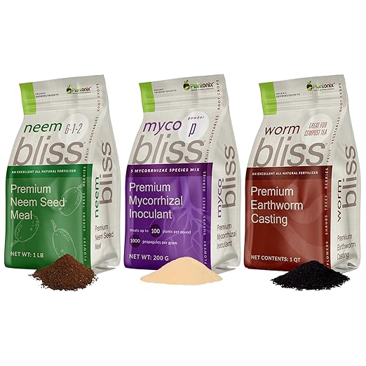 Neem Bliss (1lb) + Worm Bliss (1 Qt) + Myco Bliss (200 g) - Organic Worm Castings for Plants - Neem Meal Fertilizer - Mycorrhizal Fungi Inoculant - Organic Fertilizers for Plants, Flowers, & Gardening