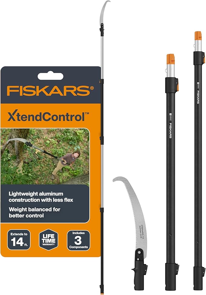 Fiskars XtendControl 14' Tree Pruner with 15" X2 Hook Bill Saw, Two Extension Poles (3-6 Ft and 4-8 Ft), Triple-Grind Blade for Fast Cutting, Lightweight Aluminum Pole Saw, Orange