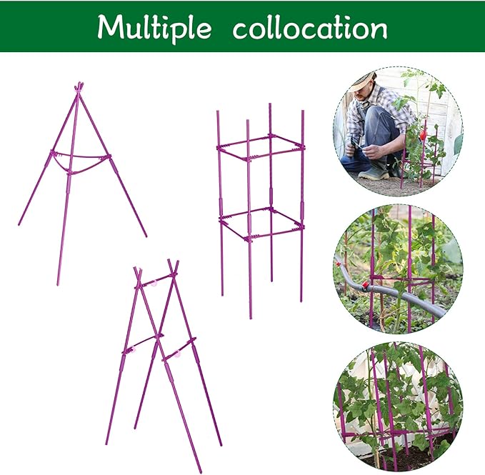 4 Packs Large Tomato Cages for Garden up to 6.5ft Heavy Duty Tomato Plant Trellis with 80 Clips Assembled Plant Support Cages with Adjustable Stake Arms for Vegetables, Climbing Plants (Purple)