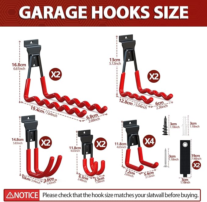 Slatwall Hooks 14PC, Slatwall Accessories, Slat Wall Hanging Hooks and Hangers 5 Sizes with Extension Cord Organizer, Proslat Accessories for Organizing Garden Tools(red)