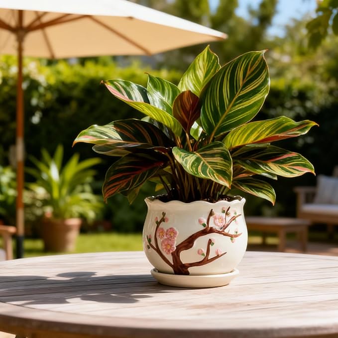 Vintage Flower Pots for Indoor Plant, Round Ceramic Plant Pots with Drainage Holes and Saucers, 6.7/5.2/3.9 Inches Retro Flower Planters Set of 3 (Cherry Blossom)