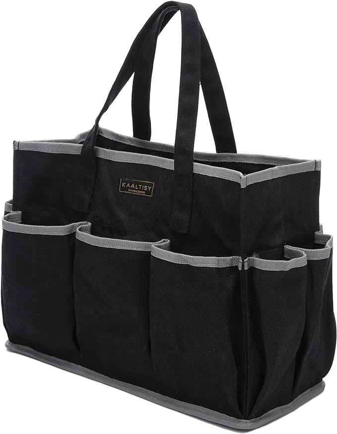 Canvas Tool Tote Bag, Heavy Duty 16oz Waxed Canvas Tool Storage Pouch with 1 Large Compartment & 10 Small Pockets | Multi-Purpose Garden Tool Bag for Horticulturists Mechanics Craftsmen – Black