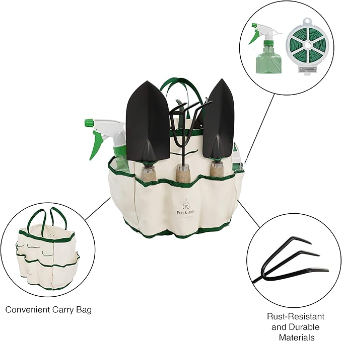 8-Piece Garden Hand Tool Set - Canvas Tote Gardening Tool Kit with Snip, Pruner, Rake, Trowel, Shovel, Spray Bottle, and Soft Wire Tie by Pure Garden