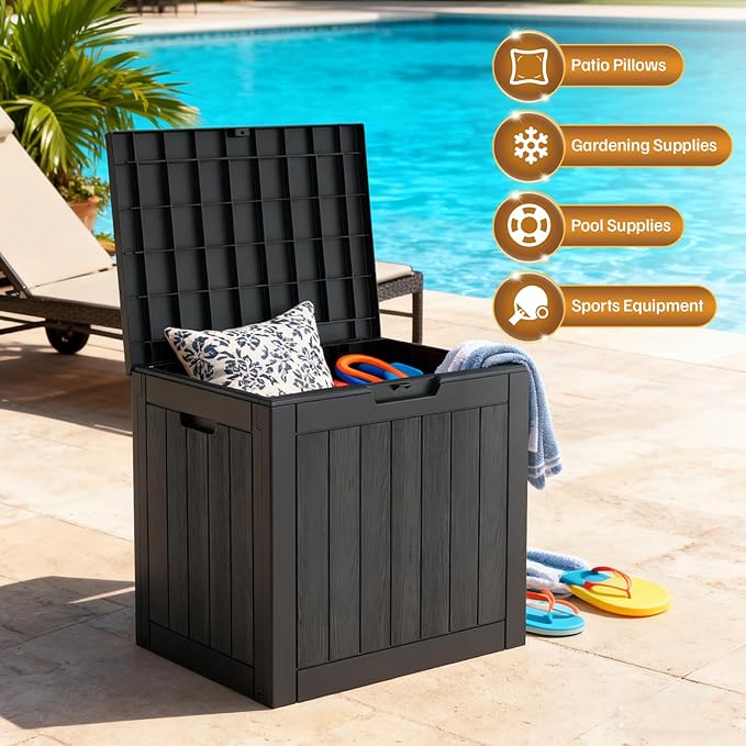 25 Gallon Deck Box, Small Outdoor Storage Box Waterproof, UV-Resistant and Weatherproof Outside Resin Storage Bin for Outdoor Patio Furniture Pillows, Pool Supplies, Garden Tools, Black