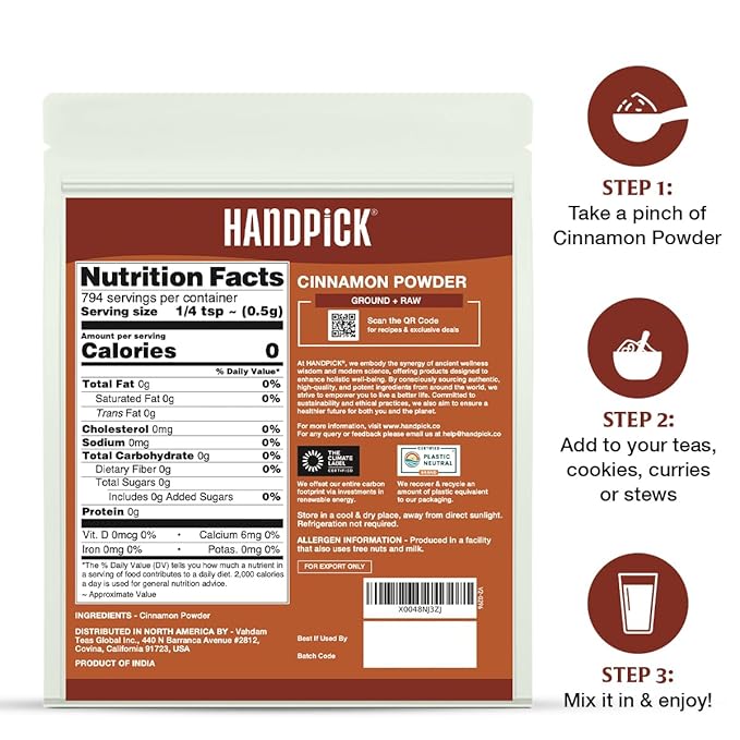 HANDPICK, Cinnamon Powder (397g/14oz) Non GMO, Gluten Free, 100% Raw, Sourced from South India, For Cooking, Smoothies, Lattes, Tea, Packed in Resealable Ziplock Pouch