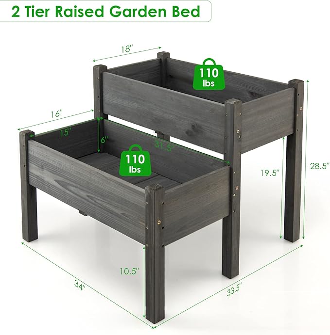 RELAX4LIFE 2-Tier Raised Garden Bed - Fir Wood Garden Elevated Planter Box with Legs, 8 Drainage Holes,220 Capacity for Growing Vegetable, Elevated Garden Bed for Outdoor Yard Patio Balcony (Gray)