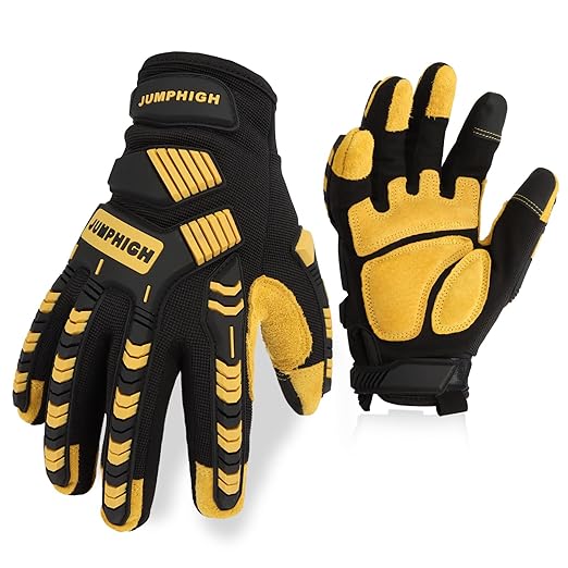JUMPHIGH Safety Work Gloves, Synthetic Leather Impact-Resistant Heavy Duty Mechanic Gloves, Sensitive Touch Screen, Flexible Grip Gloves for Work (L)