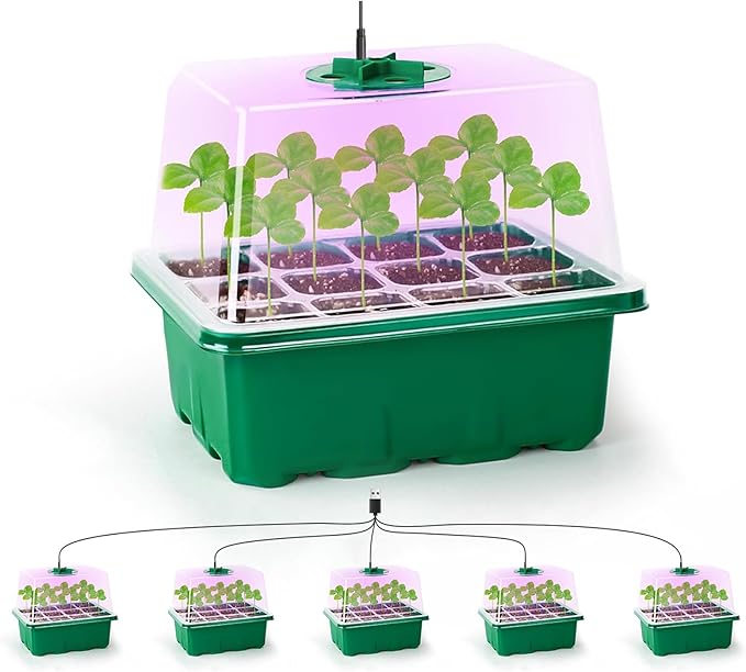 iMounTEK 5Packs Seed Starter Tray with Grow Light Humidity Dome Germination Kit with 5-Level Brightness 4 Timers for Indoor Greenhouse for Plants