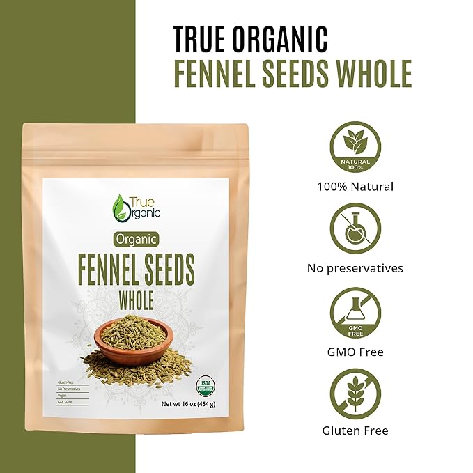 True Organic Fennel Seeds 16 oz, Gluten-Free, Non-GMO, USDA Organic Certified,For Baking,Fennel Tea and Cooking.