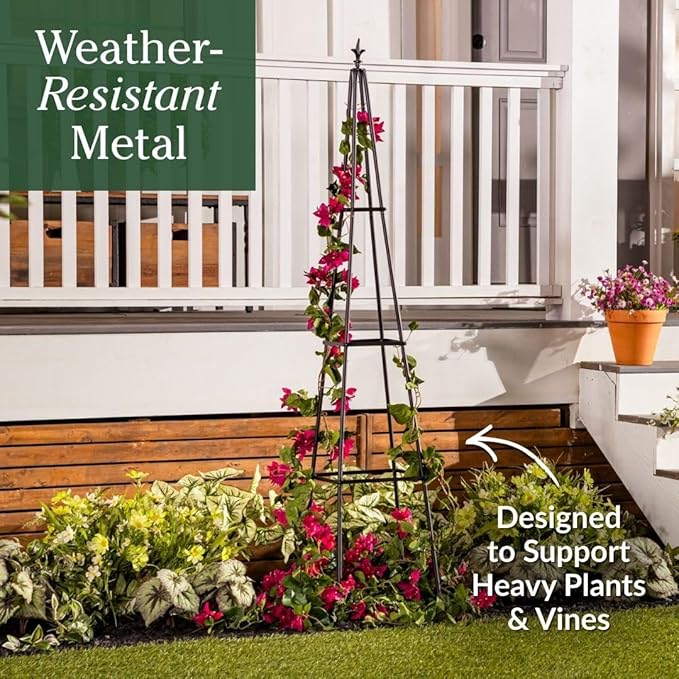 Evergreen Metal Garden Obelisk Trellis for Climbing Plants Outdoor, Indoor Plant Trellis for Potted Plants, Floral Pattern Arch Trellis (Black, 6 ft. Pyramid, Set of 2)